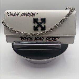 Off-White Cream Clutch with Black Logo and Silver Chain
